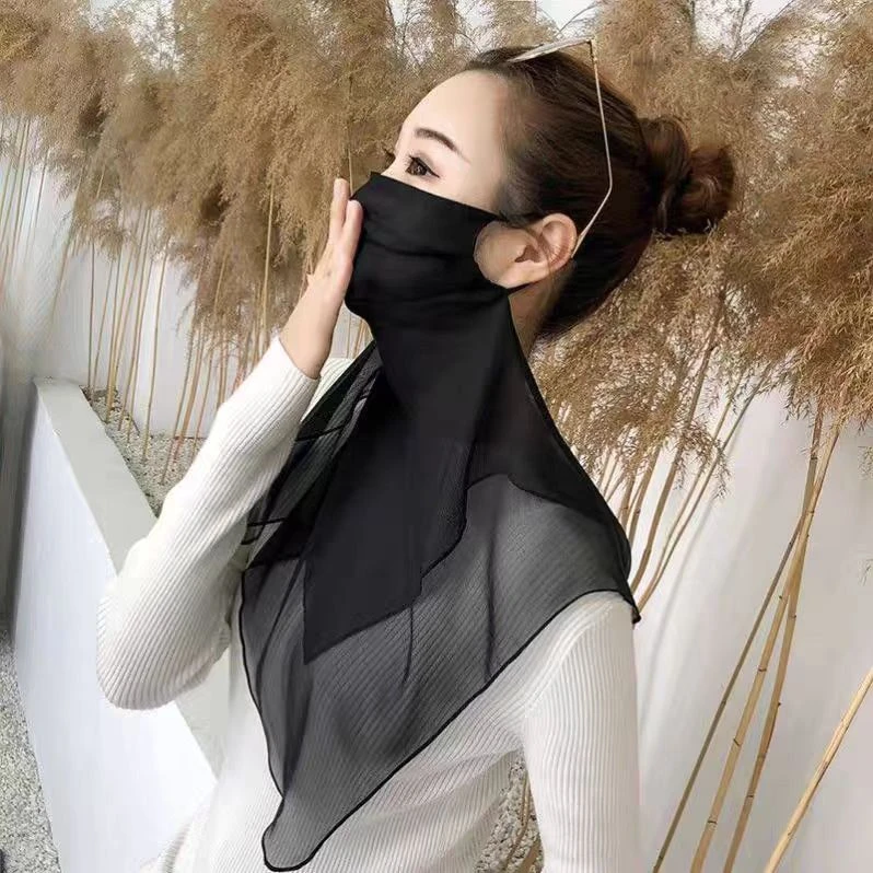 夏季薄款西丽纱防紫外线遮全脸口罩护颈透气防晒面纱女纯色户外