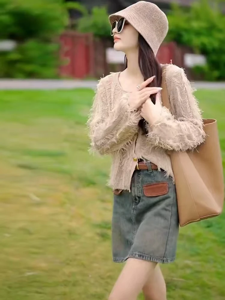 法式复古假口袋牛仔女显瘦半身裙小香风新气质高腰短款时尚A字