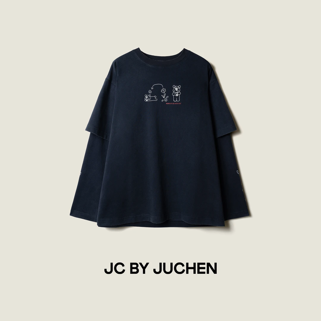 可爱小熊软糖创意印花手工做旧假两件宽松长袖T恤 FW064670