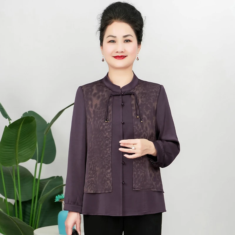 V/雅鹿夏季妈妈新中式国风洋气中老年女士长袖雪纺上衣大码B25803