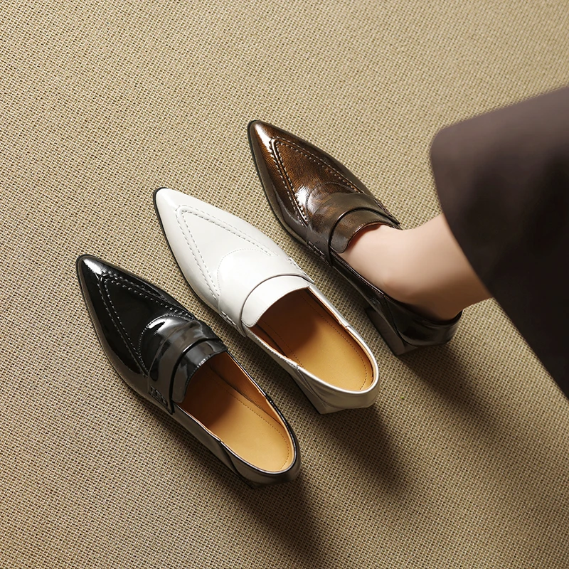 5CM，牛皮粗跟高跟鞋软底女单鞋尖头深口乐女士牛皮软底低跟乐福鞋