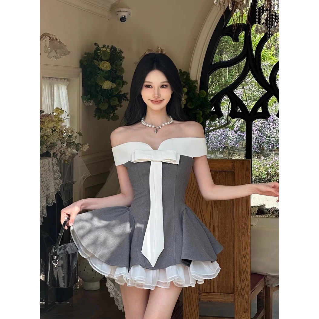 法式蝴蝶结新款辣妹撞色夏季抹胸连衣裙气质显瘦收腰蓬蓬短裙