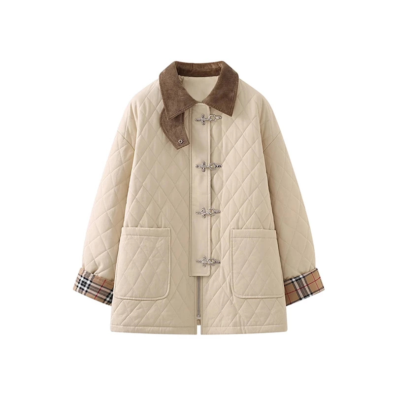 灯芯绒翻领拼接菱格宽松休闲百搭加厚棉服外套女时尚新款