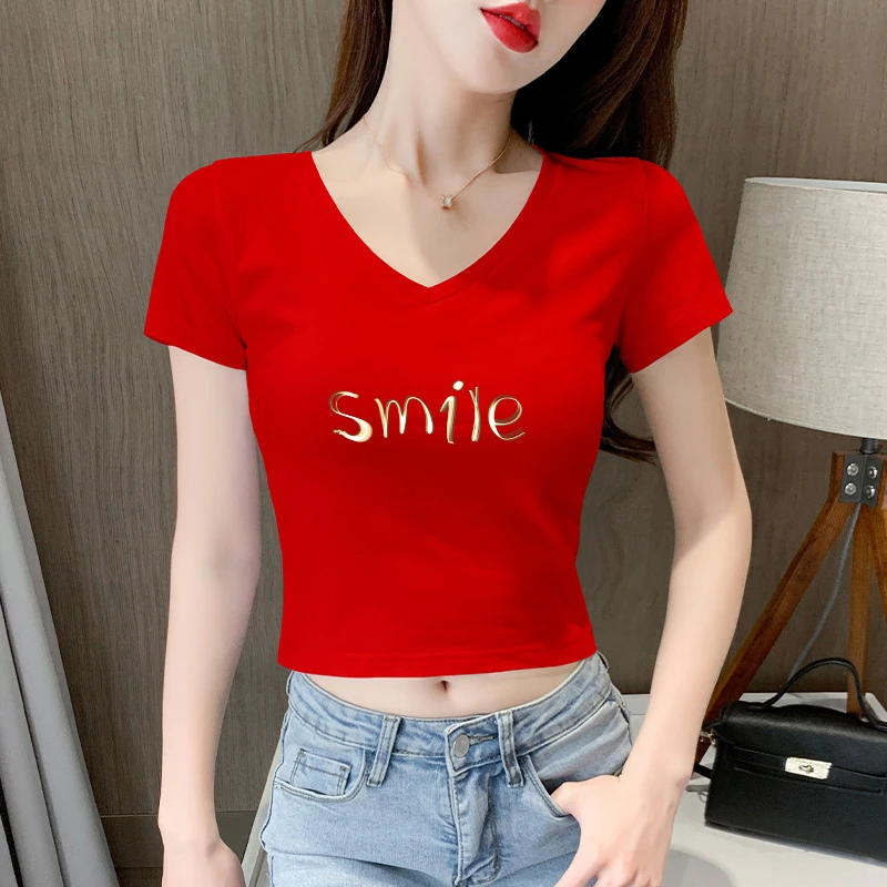 短款t恤女短袖修身V领春夏季2025新款纯棉百搭高腰露肚脐紧身上衣