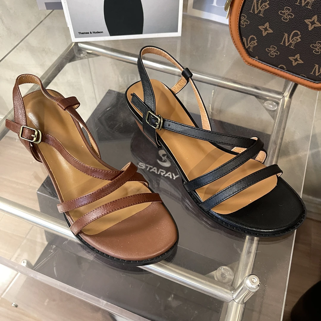 李大龙~牛皮4.5公分/夏季复古时尚包头凉鞋镂空方头法式女鞋261