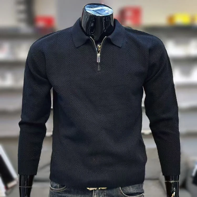 秋冬季华夫格针织衫半拉链polo衫男长袖修身翻领毛衣男士打底衫潮