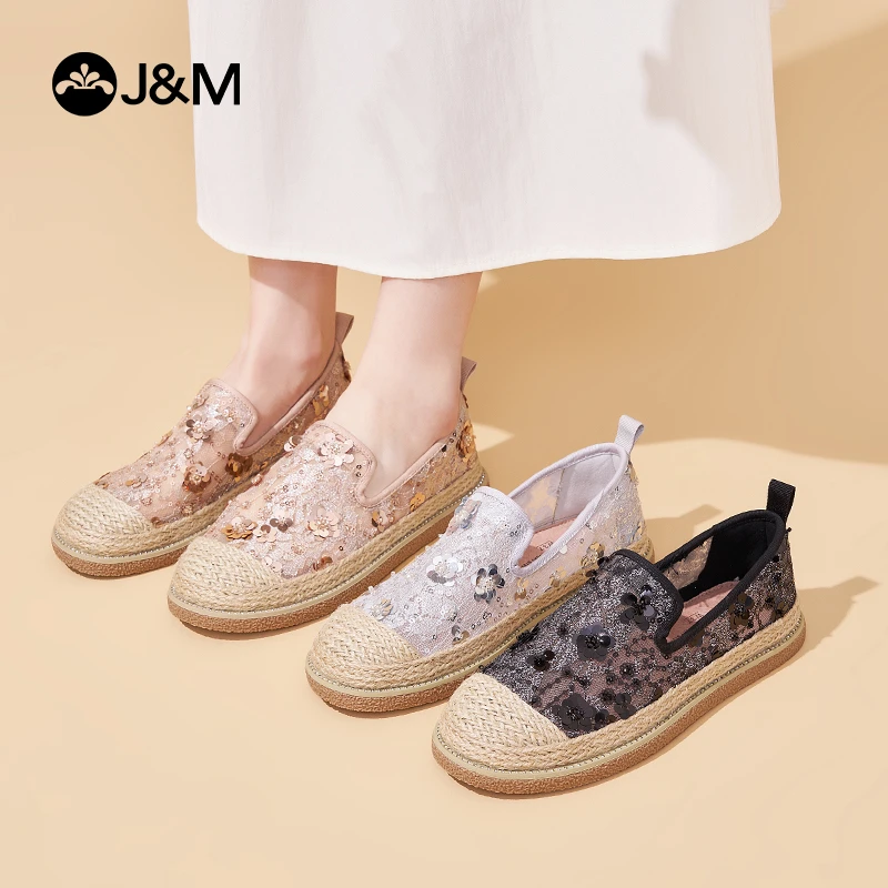 J&M/快乐玛丽小香风渔夫鞋2025女蕾丝透气网纱平底镂空女鞋69310W