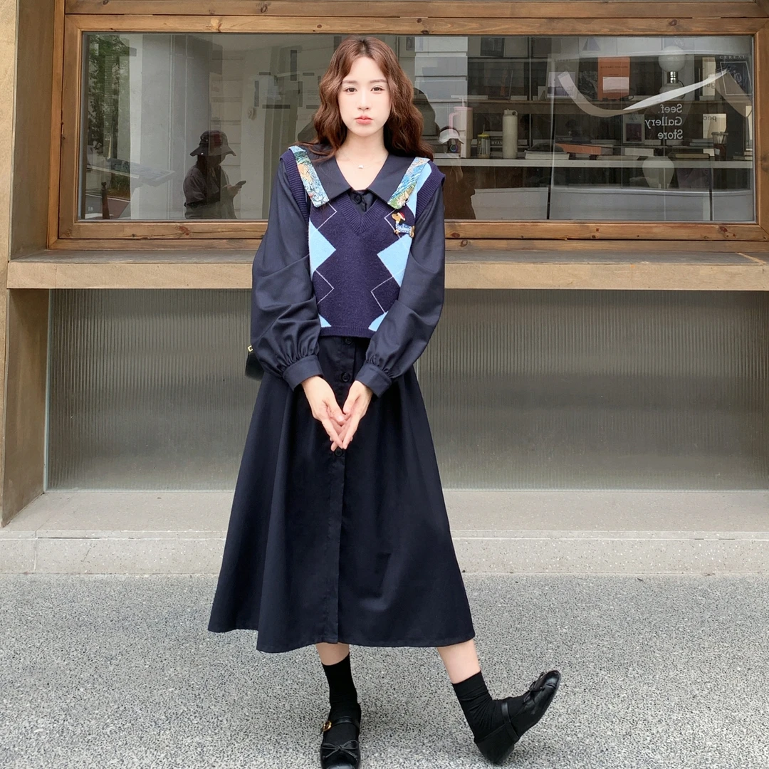 学院风连衣裙套装早秋新款撞色针织马甲休闲慵懒风衬衫裙两件套