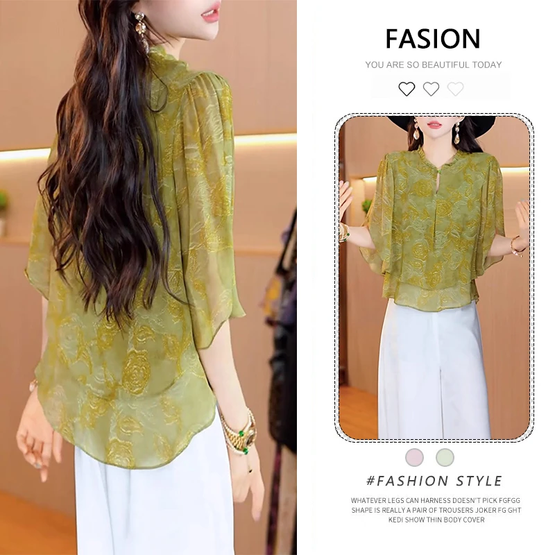 小个子时尚减龄百搭提花五分袖衬衫女夏季2025新款新中式国风上衣