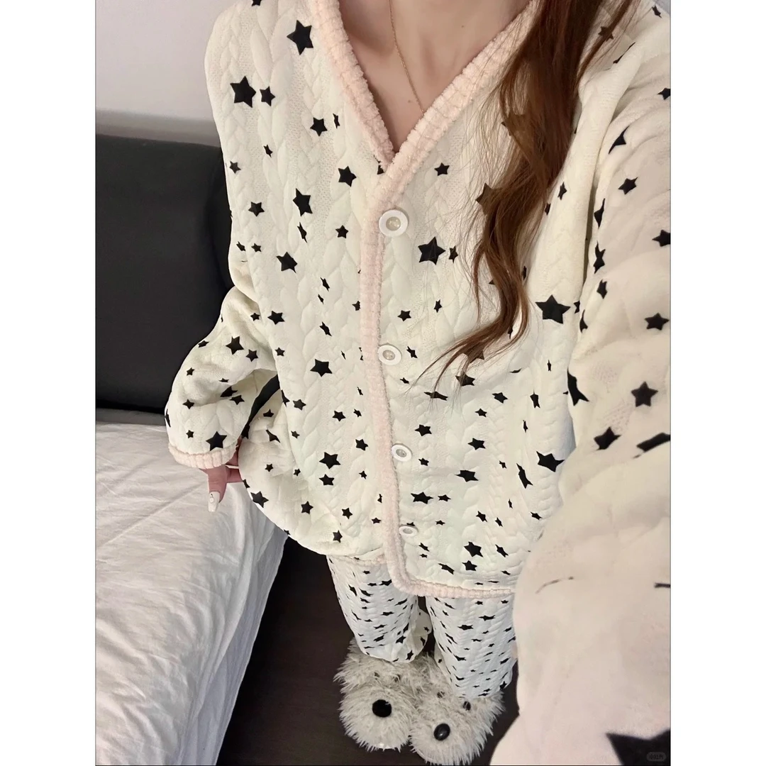 韩系星星印花夹棉睡衣女秋冬季新款舒适保暖加厚可外穿家居服套装