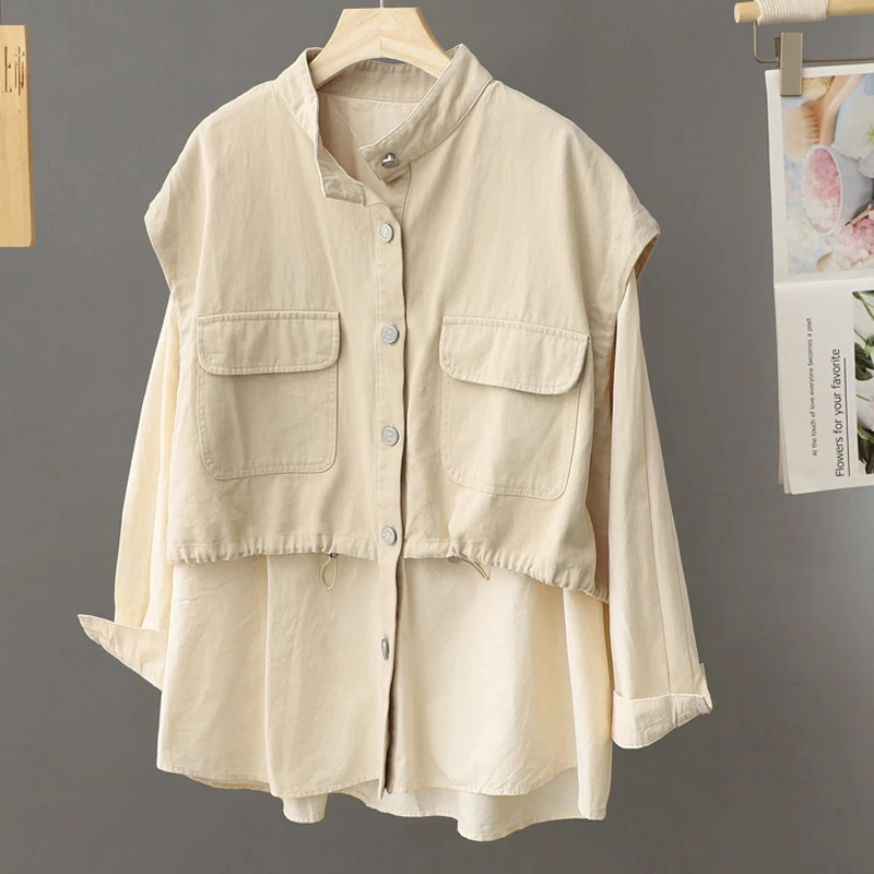 春秋设计感胖MM拼接假两件长袖衬衫上衣女宽松显瘦外套小衫潮流爆