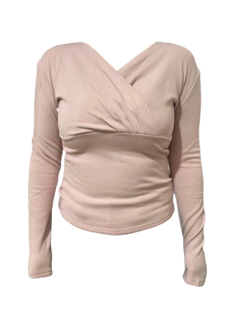 Amy家 微胖mm纯欲风交叉V领性感打底衫女秋冬内搭修身显瘦上衣女