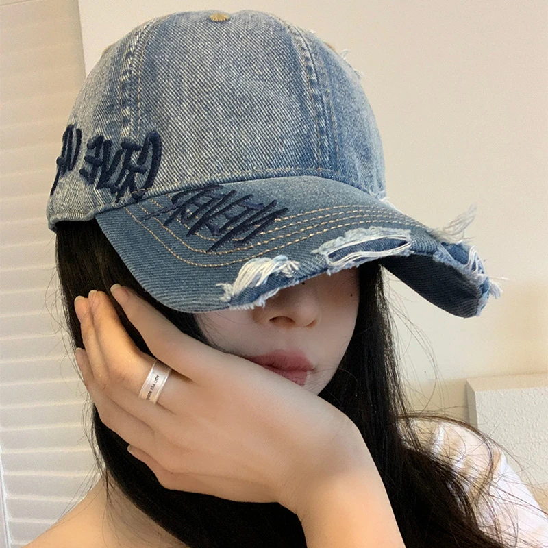美式水洗做旧字母棒球帽女春夏大头围街头破洞潮流蓝色鸭舌帽子潮
