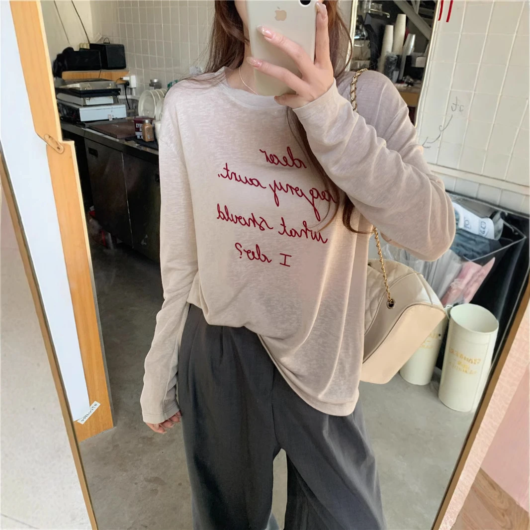 【天丝莱赛尔】字母长袖体恤2025春季新款老钱风慵懒打底衫T恤女