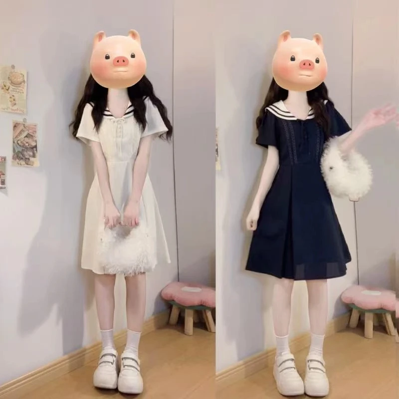 MO88ZSPF大码【少女日记】短袖学院风海军领连衣裙减龄法式长短裙子