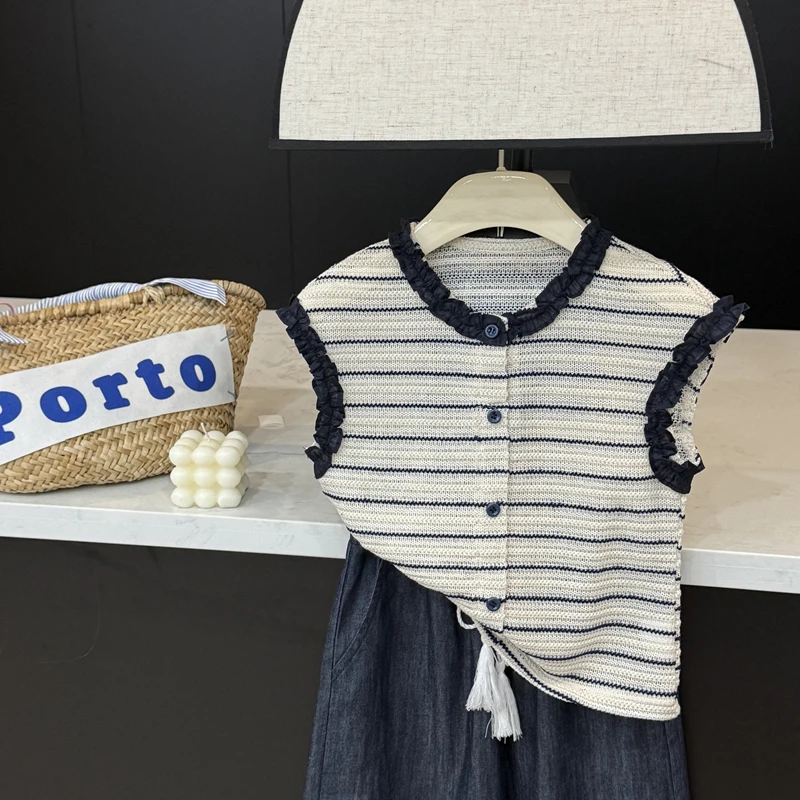 【现货】leomama儿童夏装2025新款条纹上衣女童针织背心洋气设计感