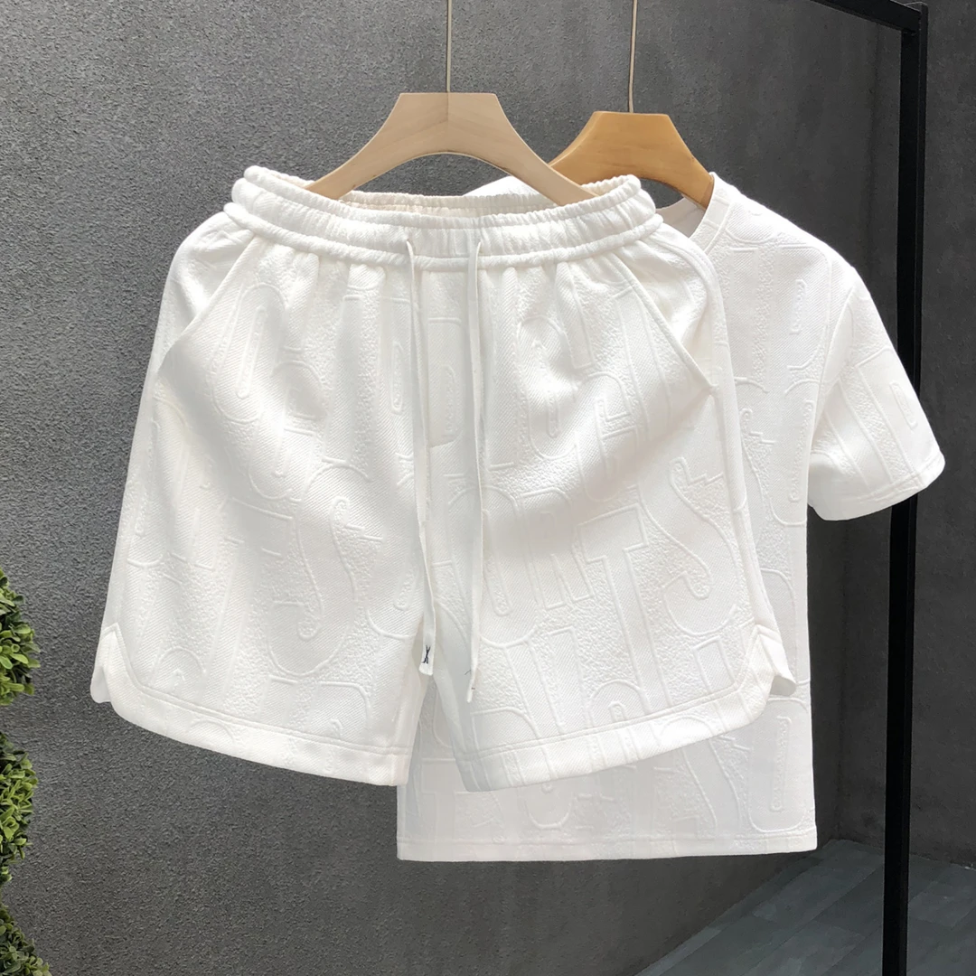 高端暗花纹酷帅穿搭t恤短裤套装男潮牌短袖一套衣服男士休闲百搭