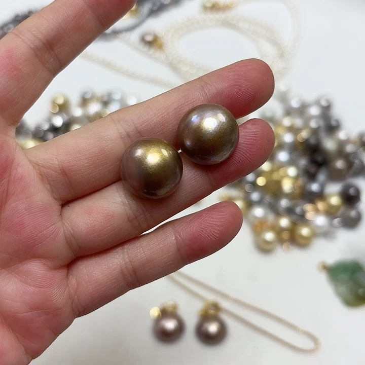 一***头拼合珍珠（马贝珠）耳饰银S925镶嵌