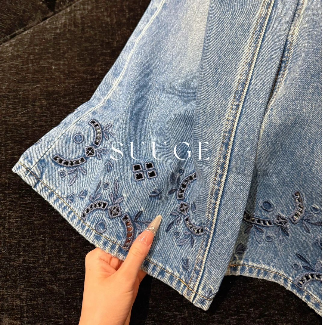 蘇格高定-【涟漪牛仔】刺绣镂空休闲潮流百搭时尚牛仔裤