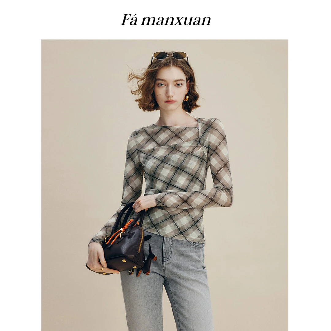 【梦梦专属】法曼萱不对称格纹弹力网纱衫女秋上衣TX0416