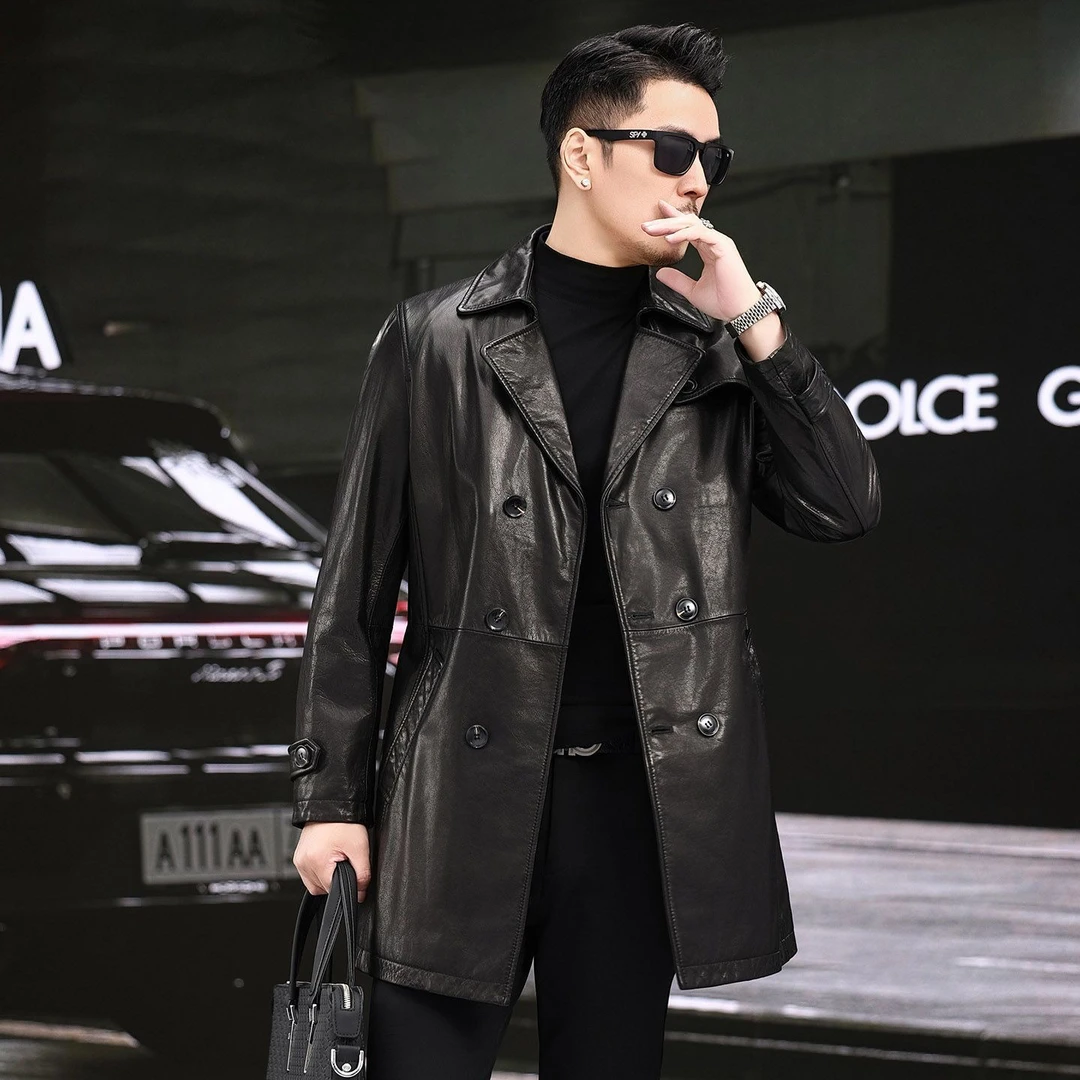 海宁真皮皮衣男修身中长款皮风衣头层纯牛皮西装领夹克机车外套潮