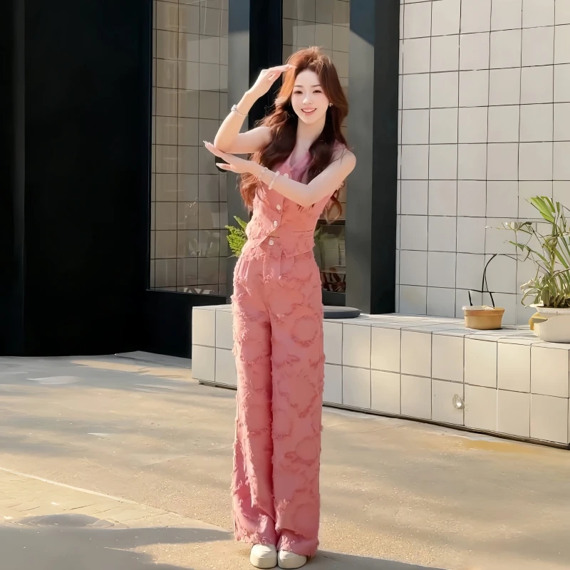 收腰阔腿裤套装显瘦气质网红马甲修身显瘦直筒阔腿裤老钱风两件套