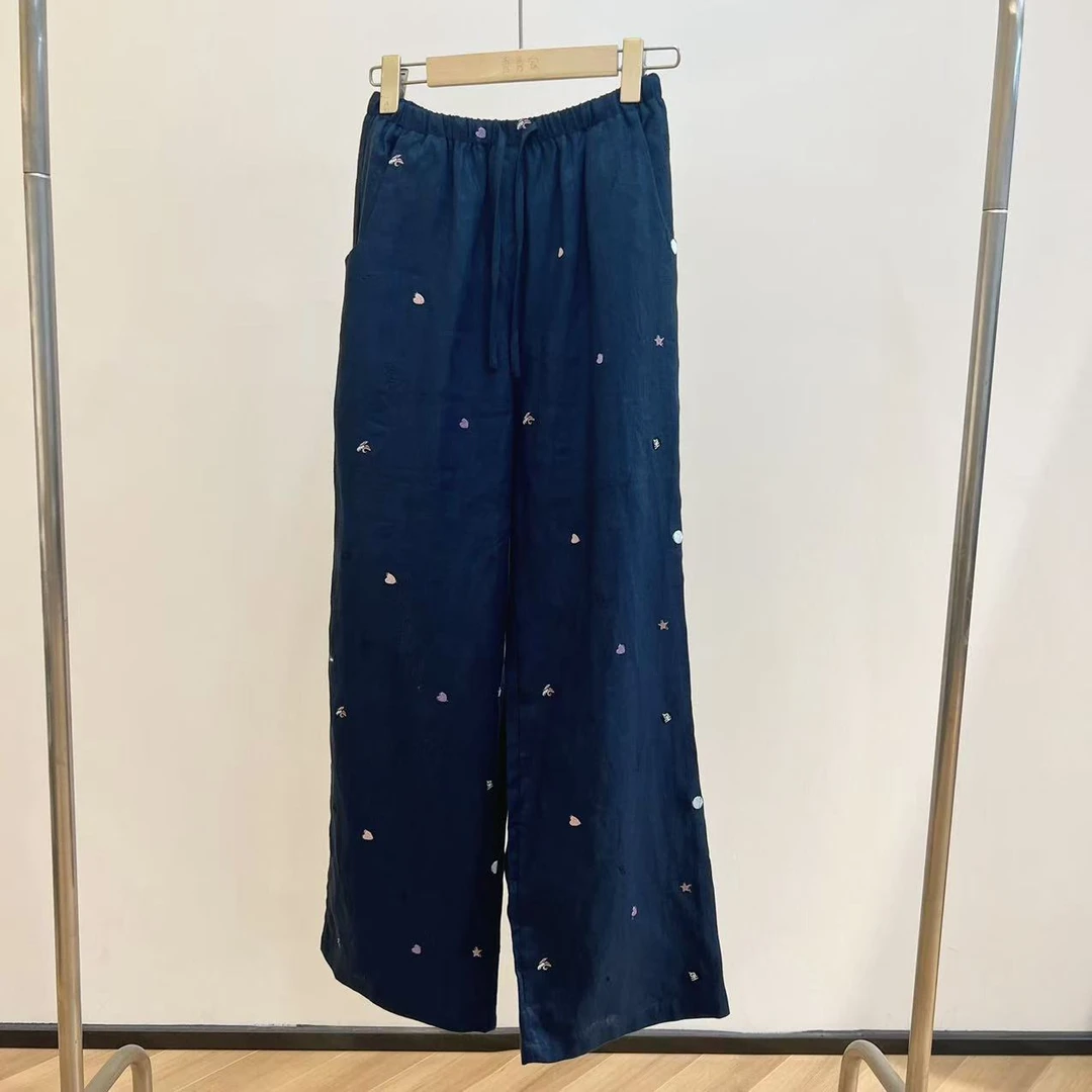 【秀秀新品】 星球趣味重工刺绣麻料直筒长裤休闲