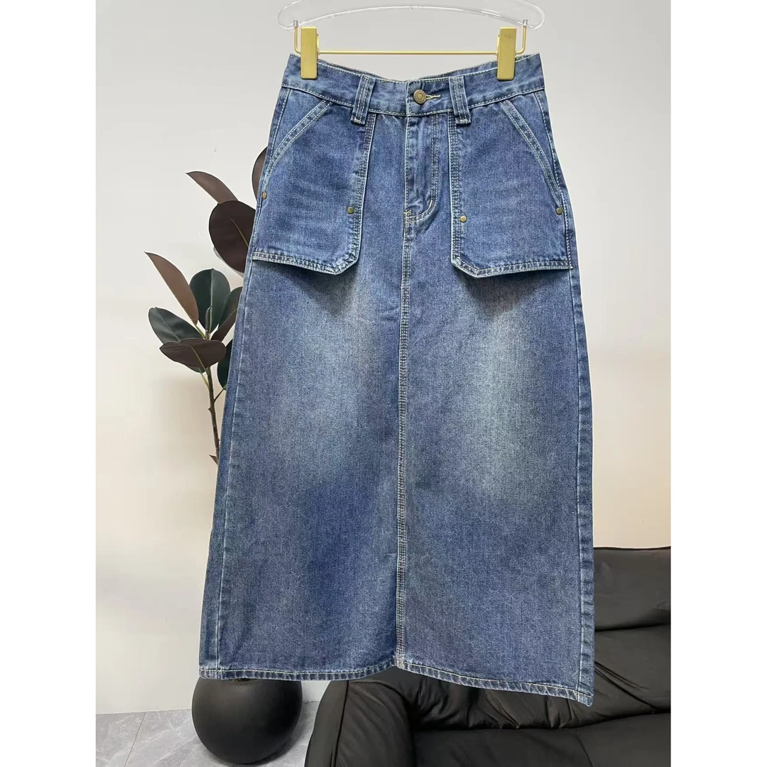 【晨浠定制】新款时尚设计感修身后开叉牛仔半身裙8819