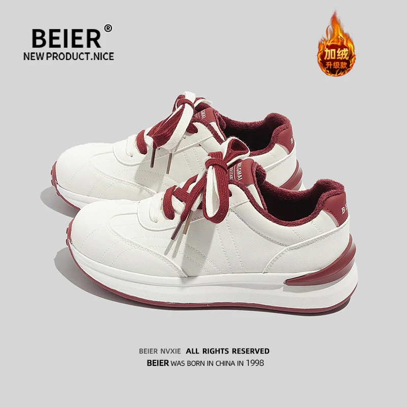 BEIER运动潮鞋小众百搭厚款时尚休闲鞋2025冬季加绒ins女鞋6102
