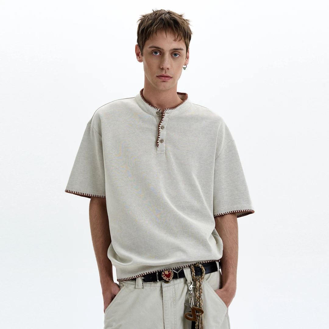 MADWITCH美式复古手缝线亨利领短袖男女宽松休闲vintage高智感T恤