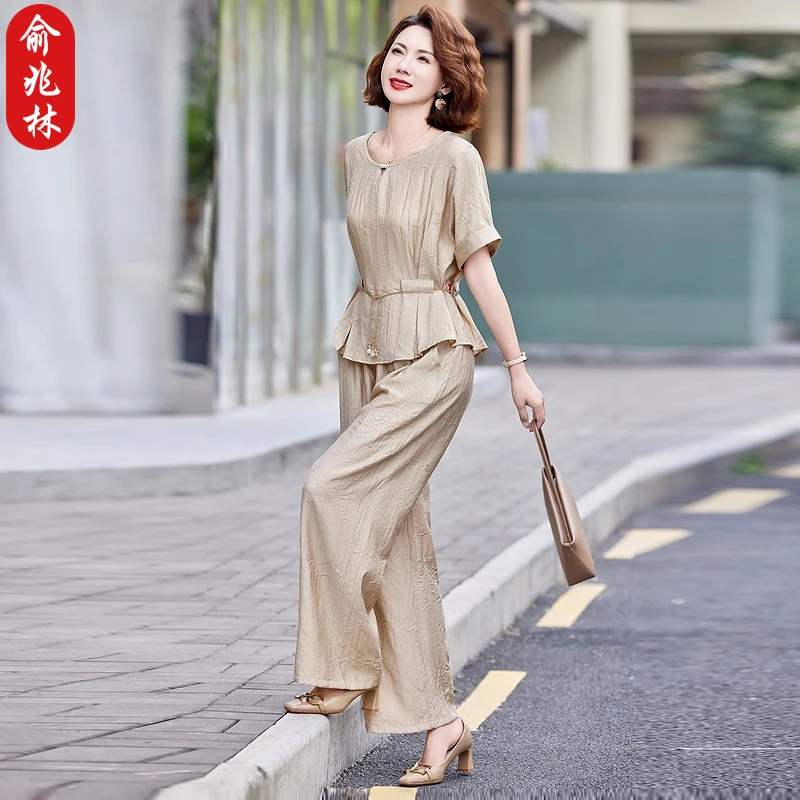 俞兆林中年妈妈夏装短袖T恤小衫套装洋气中老年女装时尚收腰上衣