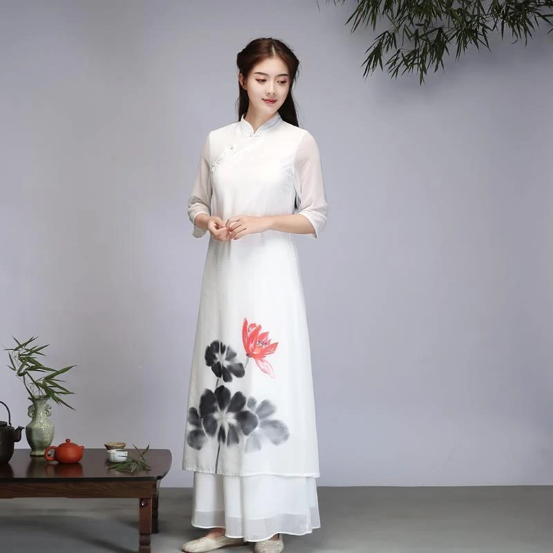 复古文艺圆领盘扣连衣裙改良中式无开衩长袖聚酯纤维中青年女性禅