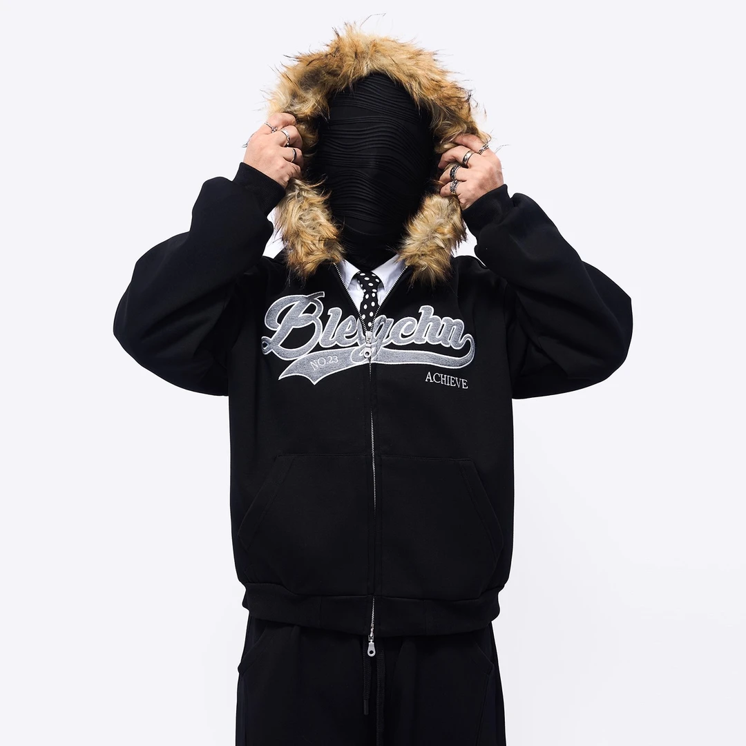 美式复古字母刺绣仿兔毛领连帽卫衣座山雕外套男上衣秋季新款帽衫