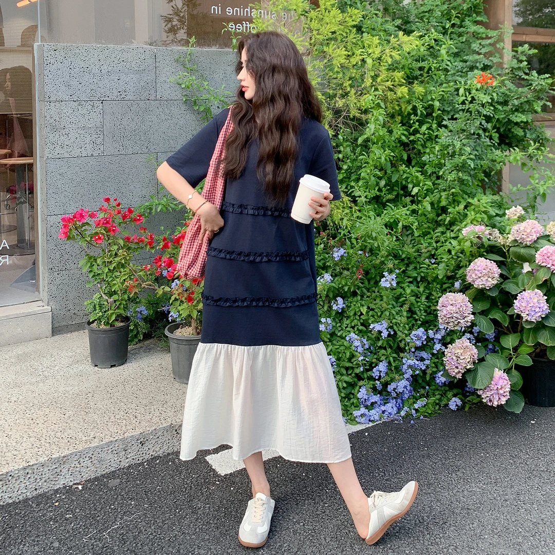 藏青色拼接鱼尾连衣裙女2025夏季新款韩系超好看宽松显瘦T恤裙子