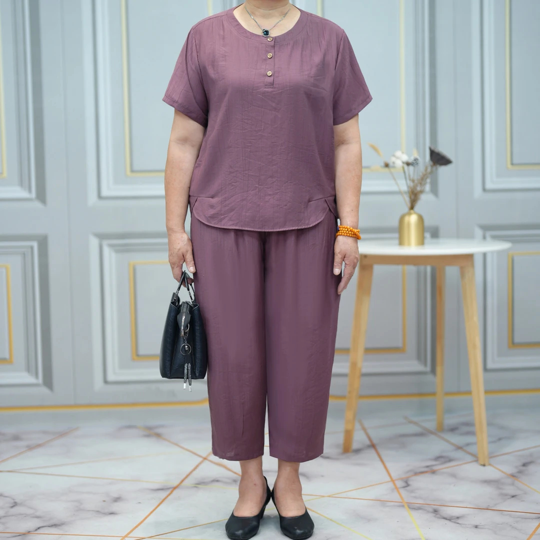 洋气中老年套装女2025夏新款大码妈妈装圆领纯色小衫两件套宽松