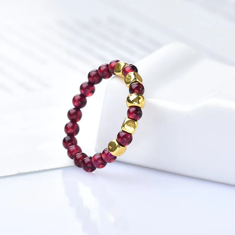 【黄金补贴】足金圆珠搭配石榴石戒指 带证书礼盒