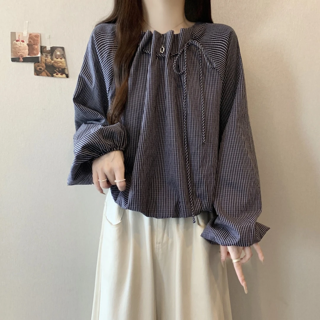 遮肚独特抽绳条纹长袖衬衫女早秋2025新款大码胖mm高级感显瘦上衣