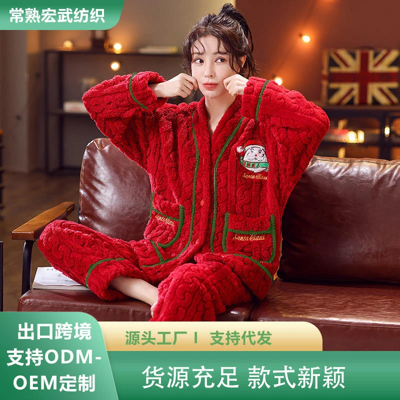 圣诞睡衣批发跨境新款V领加绒加厚法兰绒睡衣冬季女生家居服套装