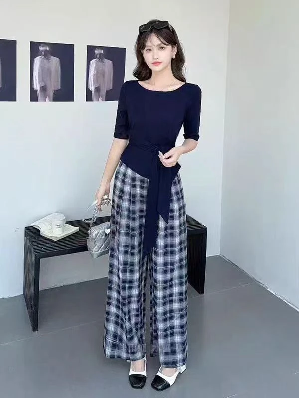 上衣T恤显瘦格子阔腿两件套2025秋季新款时尚套装女气质中袖小众