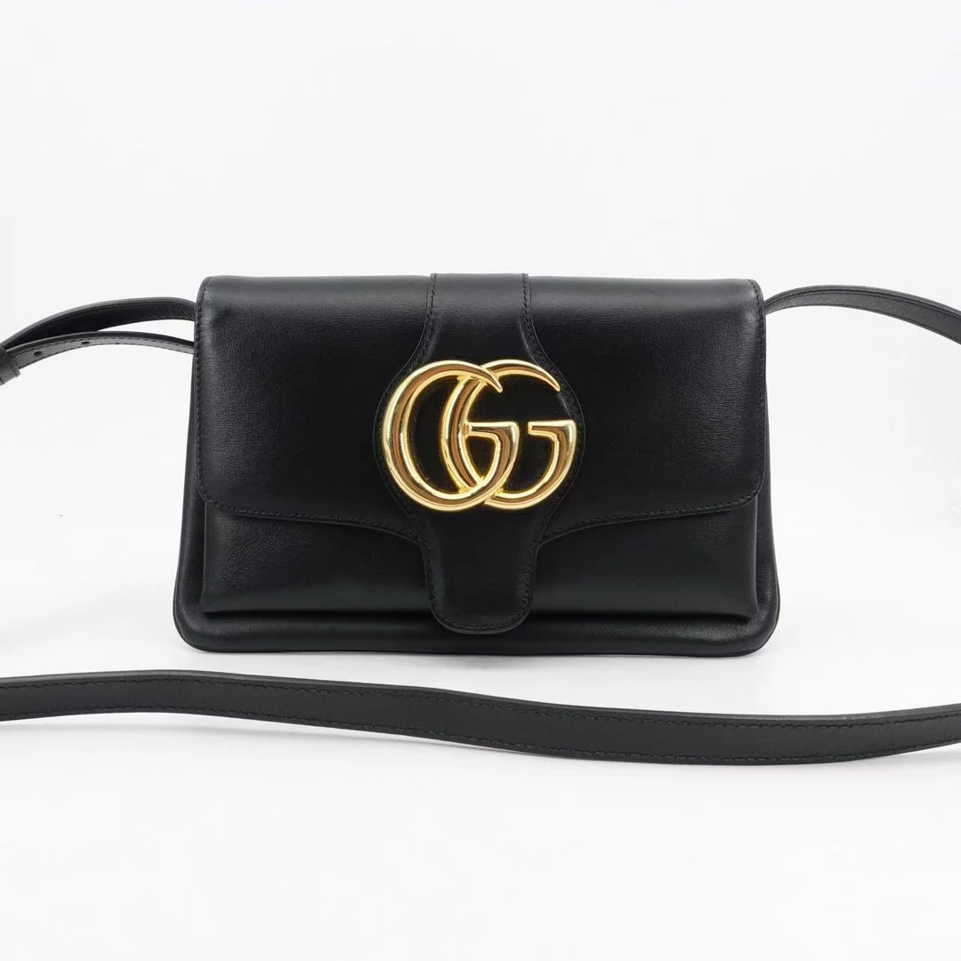 95新 GUCCI/古驰 GGS古驰双G Arli黑金牛皮单肩包/56121008