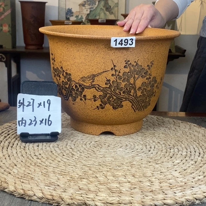 花盆紫砂   特惠柴烧精品刻绘墨梅大金钟1493