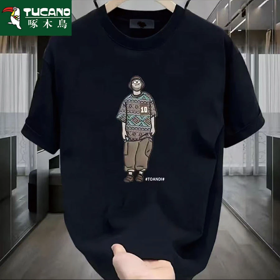 啄木鸟青少年短袖民族风花型夏季T恤半袖ins男装潮流男士上衣圆领