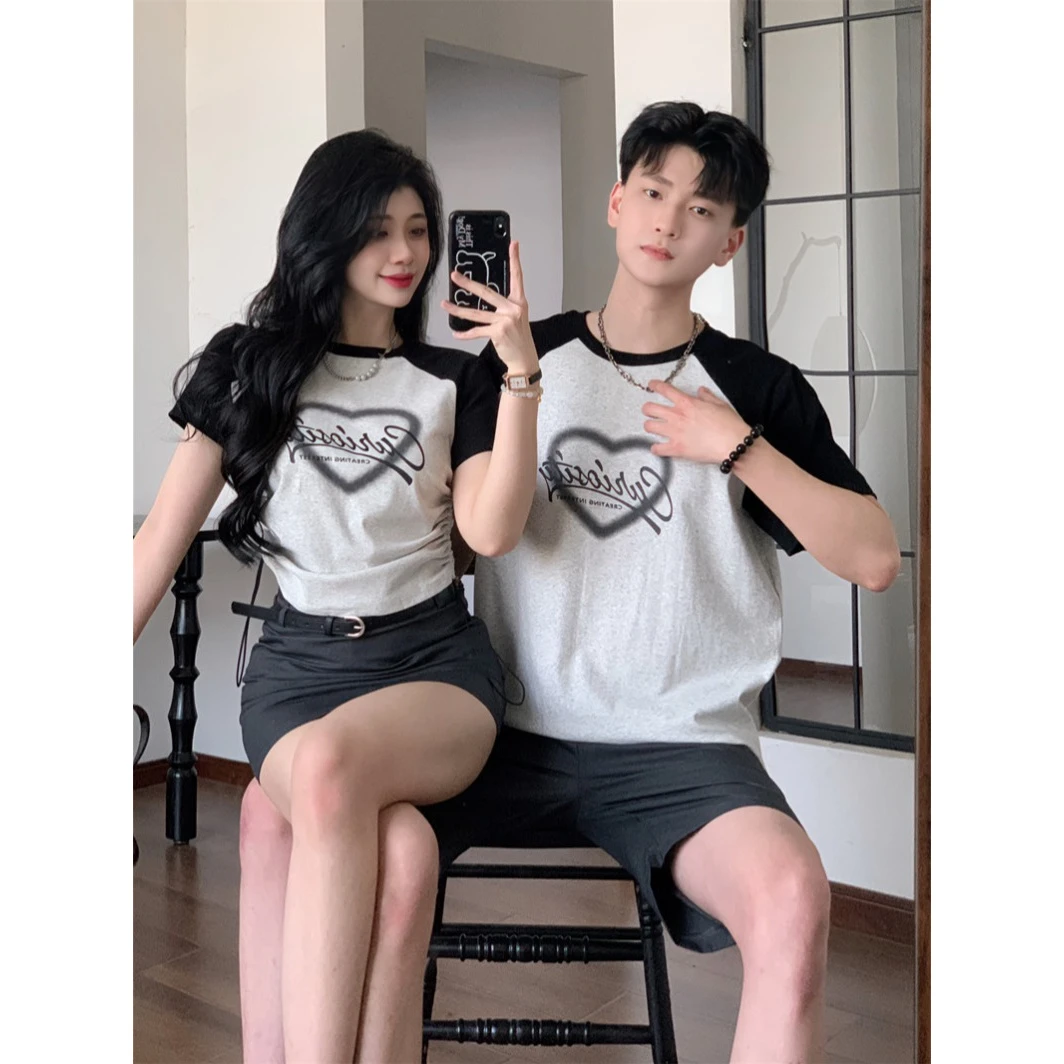 实拍ins情侣装小众纯棉拼接爱心T恤薄款夏季女裙有安全裤+双腰带
