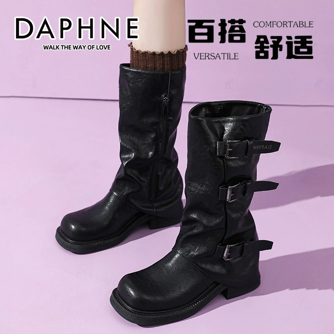 达芙妮褶皱裤管堆堆靴女冬季单靴英伦风黑色马丁靴复古西部骑士靴