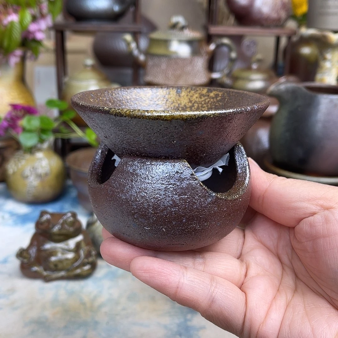 柴烧紫红粗陶茶漏2件套