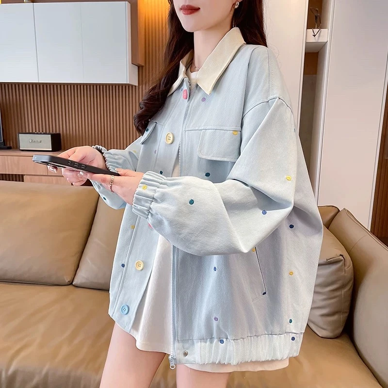 糖果色波点刺绣外套少女春秋2025新款初高中学生宽松休闲工装夹克