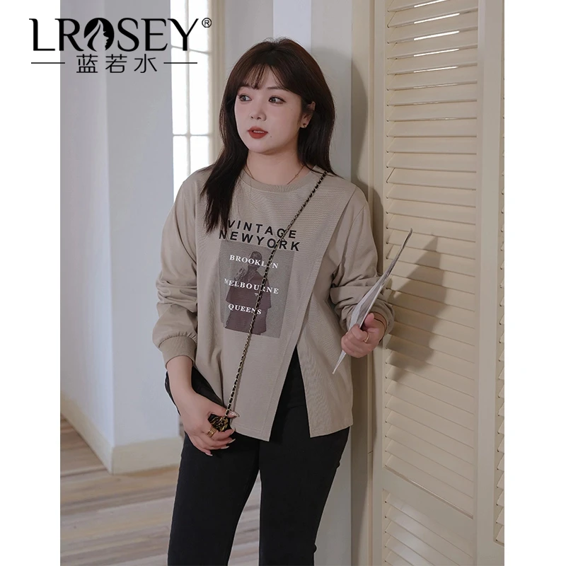 Lrosey/蓝若水大码女装春新款设计感开叉印花宽松巨显瘦卫衣85686