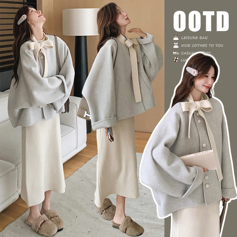时髦孕妇装新款秋冬装孕妇装蝴蝶结毛呢上衣外套 +毛呢半身裙套装