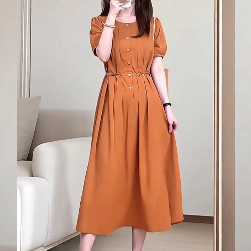 气质修身显瘦中长款连衣裙2025年夏季新款压褶设计感通勤休闲裙子