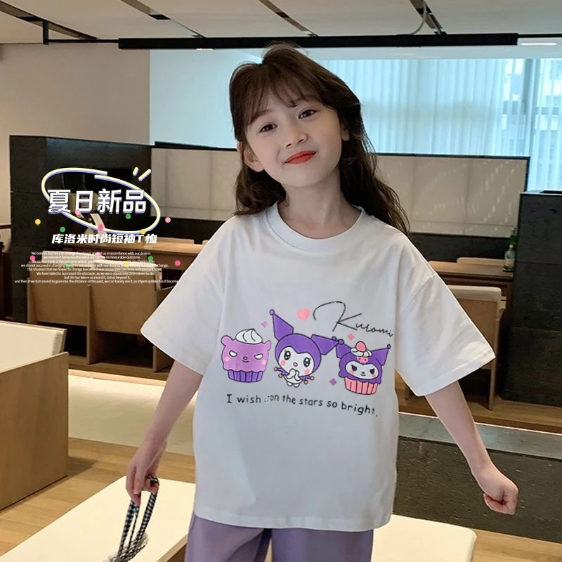 女大童短袖纯棉T恤夏季新款库洛米印花夏款儿童女宝宝半袖上衣服